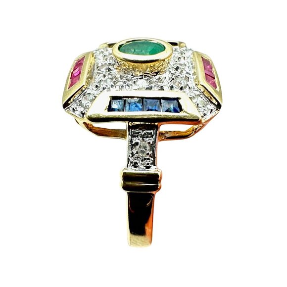 Womens Ring 14K Gold Emerald Diamond Red Blue Spinel 3.9 Grams Size 7 Estate - Picture 3 of 6